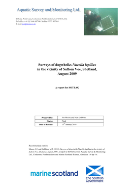 Surveys of Dogwhelks Nucella Lapillus in the Vicinity of Sullom Voe, Shetland, August 2009