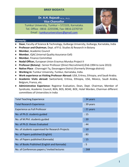 BRIEF BIODATA Dr. A.H. Rajasab M.Sc., Ph.D. Vice Chancellor