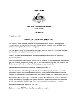 The Hon. Scott Morrison MP STATEMENT UPDATE on CORONAVIRUS MEASURES
