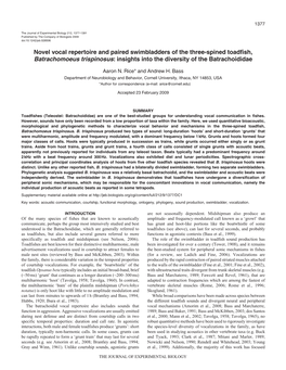 Novel Vocal Repertoire and Paired Swimbladders of the Three-Spined Toadfish, Batrachomoeus Trispinosus: Insights Into the Diversity of the Batrachoididae