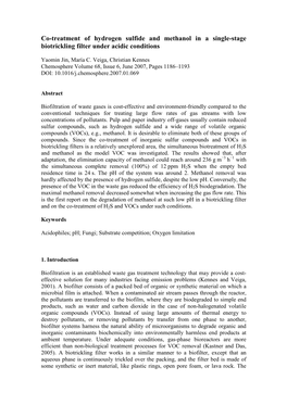 Co-Treatment of Hydrogen Sulfide and Methanol in a Single-Stage Biotrickling Filter Under Acidic Conditions