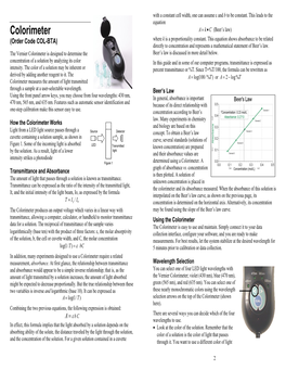 Colorimeter a  K  C (Beer’S Law) (Order Code COL-BTA) Where K Is a Proportionality Constant