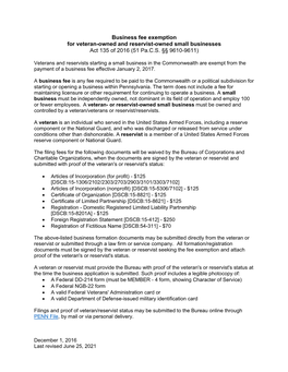 Business Fee Exemption for Veteran-Owned and Reservist-Owned Small Businesses Act 135 of 2016 (51 Pa.C.S