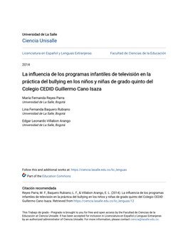 La Influencia De Los Programas Infantiles De Televisión En La Práctica Del Bullying En Los Niños Y Niñas De Grado Quinto Del Colegio CEDID Guillermo Cano Isaza