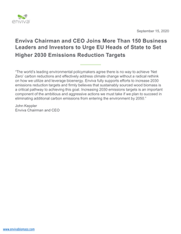 Enviva Chairman and CEO Joins More Than 150 Business Leaders and Investors to Urge EU Heads of State to Set Higher 2030 Emissions Reduction Targets