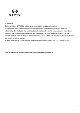 M. Erisman Evolving Cuban-CARICOM Relations : a Comparative Cost/Benefit Analysis Survey of the Basic Developmental Dynamics