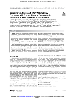 Constitutive Activation of RAS/MAPK Pathway Cooperates with Trisomy 21 and Is Therapeutically Exploitable in Down Syndrome B-Cell Leukemia Anouchka P