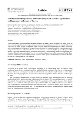 Introduction to the Systematics and Biodiversity of Eels (Orders Anguilliformes and Saccopharyngiformes) of Taiwan