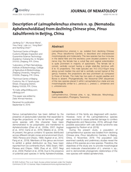 Nematoda: Aphelenchoididae) from Declining Chinese Pine, Pinus Tabuliformis in Beijing, China