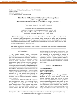 First Report of Magnificent Catshark, Proscyllium Magnificum Last and Vongpanich, 2004 (Proscylliidae: Carcharhiniformes) from Bay of Bengal, Indian EEZ