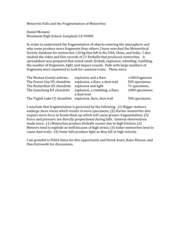 Meteorite Falls and the Fragmentation of Meteorites Daniel Momeni, Westmont High School, Campbell, CA 95008