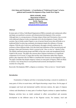 Eebi, Islam and Christianity: a Contribution of “Faith-Based Groups” to Socio- Political and Economic Development of Epe, South-West Nigeria