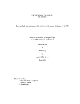 Marcel Janco in Zurich and Bucharest, 1916-1939 a Thesis Submi