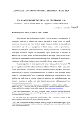'UM BANDEIRANTE' NO FINAL DA DÉCADA DE 1920: O Caso Do Oeste De Santa Catarina E a Viagem Do Governador Em 1929