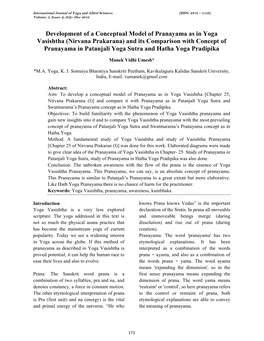 Development of a Conceptual Model of Pranayama As in Yoga Vasishtha