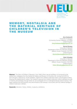Memory, Nostalgia and the Material Heritage of Children’S Television in the Museum