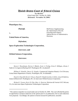 United States Court of Federal Claims No: 09-476 C (Filed Under Seal: October 26, 2009) (Reissued: November 10, 2009)* ______