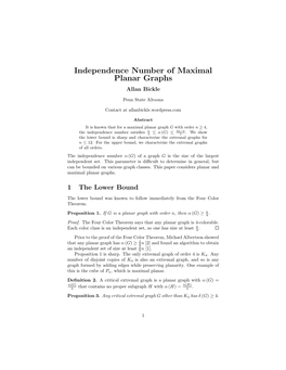 Independence Number of Maximal Planar Graphs Allan Bickle