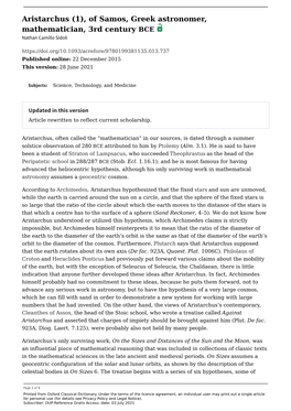 Aristarchus (1), of Samos, Greek Astronomer, Mathematician, 3Rd Century BCE | Oxford Classical Dictionary