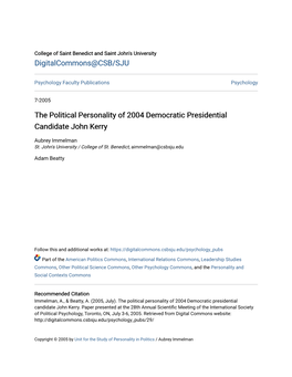 The Political Personality of 2004 Democratic Presidential Candidate John Kerry