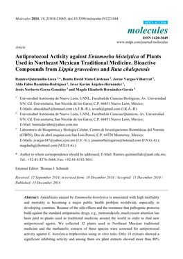 Antiprotozoal Activity Against Entamoeba Histolytica of Plants Used in Northeast Mexican Traditional Medicine. Bioactive Compoun