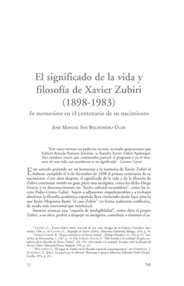 El Significado De La Vida Y Filosofía De Xavier Zubiri (1898-1983) in Memoriam En El Centenario De Su Nacimiento