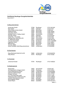 Zertifizierte Reutlinger Energiefachbetriebe A) Bauunternehmen B) Dachdecker C) Drechsler D) Elektrotechnik