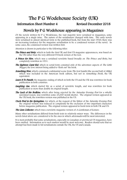 Novels by P G Wodehouse Appearing in Magazines