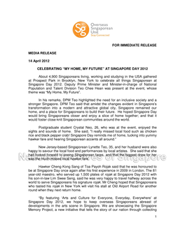 FOR IMMEDIATE RELEASE MEDIA RELEASE 14 April 2012 CELEBRATING “MY HOME, MY FUTURE” at SINGAPORE DAY 2012 About 4,900 Singap
