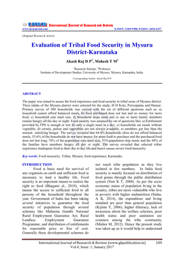 Evaluation of Tribal Food Security in Mysuru District-Karnataka