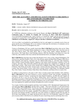 JOIN the ALI FAMILY and SPECIAL GUESTS for BEN’S CHILI BOWL’S 60Th ANNIVERSARY CELEBRATION “A TRIBUTE to VIRGINIA ALI”