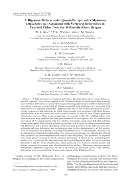 And a Myxozoan (Myxobolus Sp.) Associated with Vertebral Deformities in Cyprinid Fishes from the Willamette River, Oregon