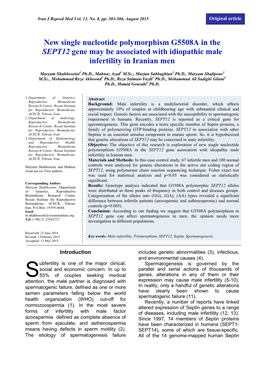 New Single Nucleotide Polymorphism G5508A in the SEPT12 Gene May Be Associated with Idiopathic Male Infertility in Iranian Men