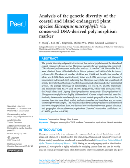 Analysis of the Genetic Diversity of the Coastal and Island Endangered Plant Species Elaeagnus Macrophylla Via Conserved DNA-Derived Polymorphism Marker