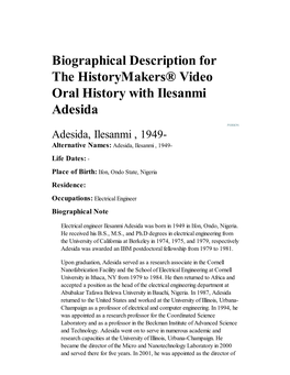 Biographical Description for the Historymakers® Video Oral History with Ilesanmi Adesida