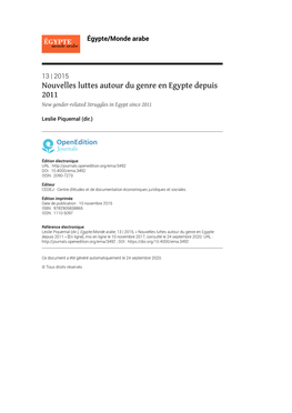 Égypte/Monde Arabe, 13 | 2015, « Nouvelles Luttes Autour Du Genre En Egypte Depuis 2011 » [En Ligne], Mis En Ligne Le 10 Novembre 2017, Consulté Le 24 Septembre 2020