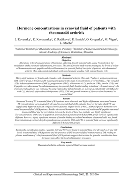 Hormone Concentrations in Synovial Fluid of Patients with Rheumatoid Arthritis J