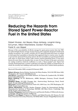 Reducing the Hazards from Stored Spent Power-Reactor Fuel in the United States