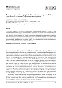 Zootaxa,Parvimyrma Gen. Nov. Belonging to The