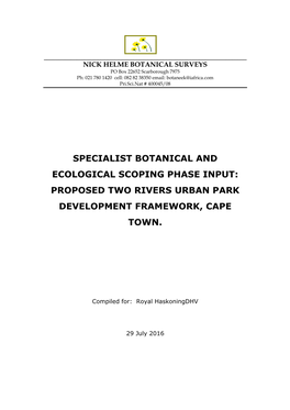 Specialist Botanical and Ecological Scoping Phase Input: Proposed Two Rivers Urban Park Development Framework, Cape Town