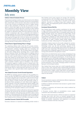 Monthly View July 2021 Inflation Outlook Dominates Returns New Zealand, and in Many Respects Are Stronger