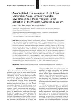 Amphibia: Anura: Limnodynastidae, Myobatrachidae, Pelodryadidae) in the Collection of the Western Australian Museum Ryan J