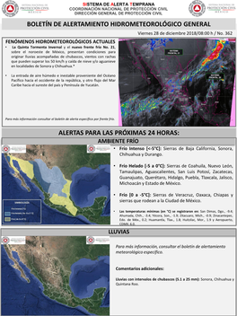 BOLETÍN DE ALERTAMIENTO HIDROMETEOROLÓGICO GENERAL Viernes 28 De Diciembre 2018/08:00 H / No