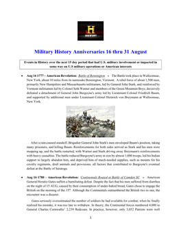 Military History Anniversaries 16 Thru 31 August