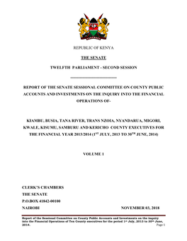 Report of the Senate Sessional Committee on County Public Accounts and Investments on the Inquiry Into the Financial Operations Of