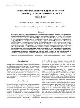 Acute Subdural Hematoma After Intra-Arterial Thrombolysis for Acute Ischemic Stroke —Case Report—