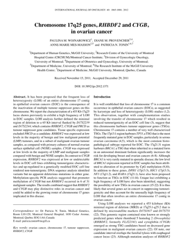 Chromosome 17Q25 Genes, RHBDF2 and CYGB, in Ovarian Cancer