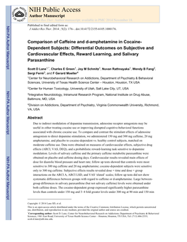 Comparison of Caffeine and D-Amphetamine in Cocaine-Dependent Subjects: Differential Outcomes on Subjective and Cardiovascular Effects, Reward Learning, and Salivary