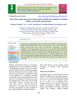 Water Harvesting and Conservation Under Cold Desert Condition of Ladakh (J&K): Constraints and Strategies