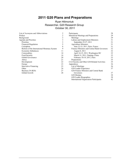 G20 Plans and Preparations Ryan Hilimoniuk Researcher, G20 Research Group October 30, 2011
